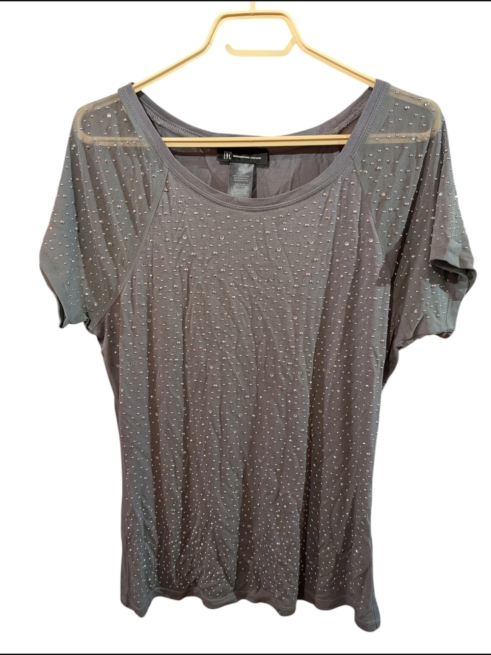 2/22$ INC International Concepts Charcoal Gray Short Sleeve Top with Rhinestones